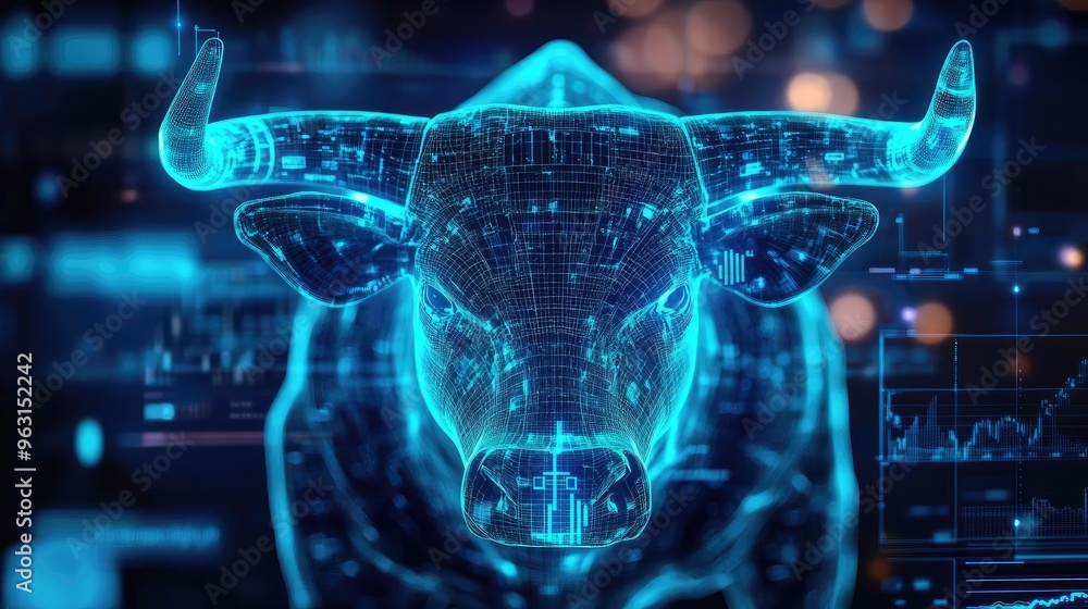 Poster a digital representation of a bull with glowing lines and geometric patterns, symbolizing strength a