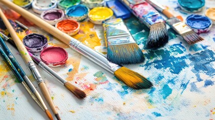 Obraz premium Exploring the World of Art: A Vibrant Array of Paint Supplies and Brushes