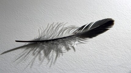 The shadow of a single feather on a smooth, white surface, with the shadow creating a delicate and elegant pattern