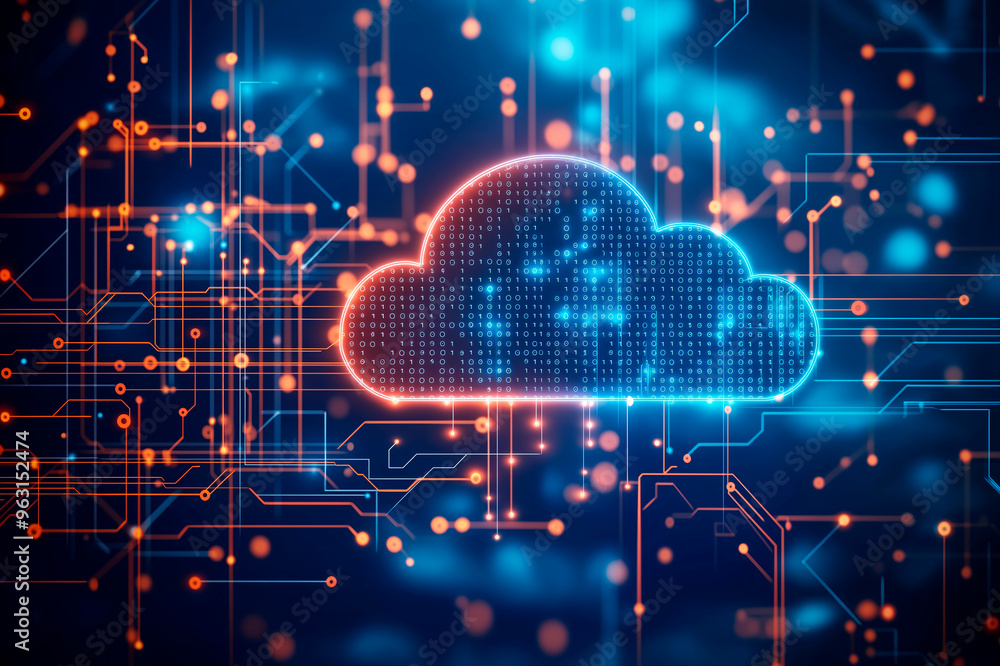 Poster Abstract digital illustration of a cloud icon with binary code on a tech background.