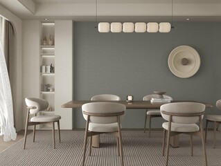 Modern luxurious dining room in grey and brown, white marble with a large served table and chairs. 3D Rendering