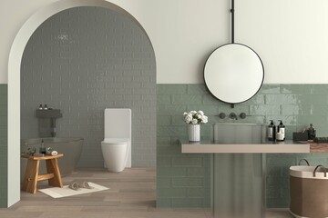 Modern bathroom with grey marble walls, concrete floor, grey ceramic sink with mirror, gray cabinet and shower with glass walls, wooden furniture. 3D Rendering