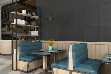 Cozy interior of restaurant with grey marble and brown marble counter with wooden Comfortable modern dining space, hanging lamp and other aesthetically pleasing contemporary design elements.3D Render