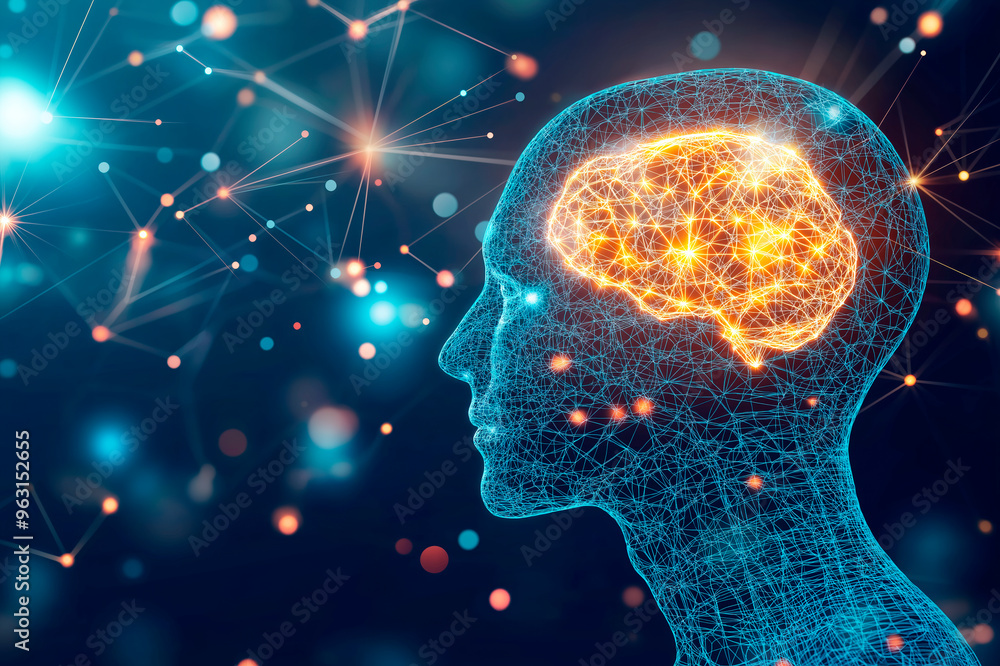Aufkleber Digital representation of human head with glowing brain network connections on dark background. Ai generative.
