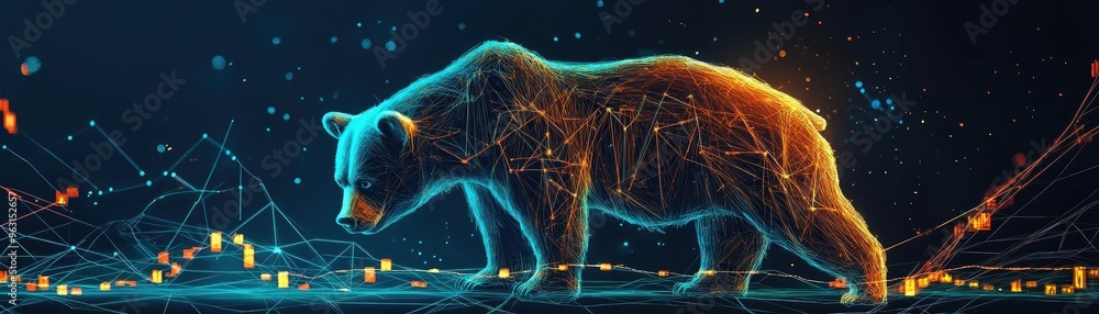 Poster a captivating digital representation of a bear, illuminated with vibrant colors and intricate patter