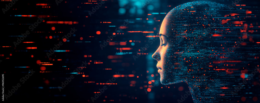 Aufkleber digital profile of a human head made of data, surrounded by glowing particles on a dark background. 