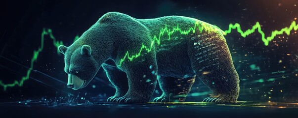 A powerful bear stands against a backdrop of fluctuating stock market graphs, symbolizing financial strength and market trends.