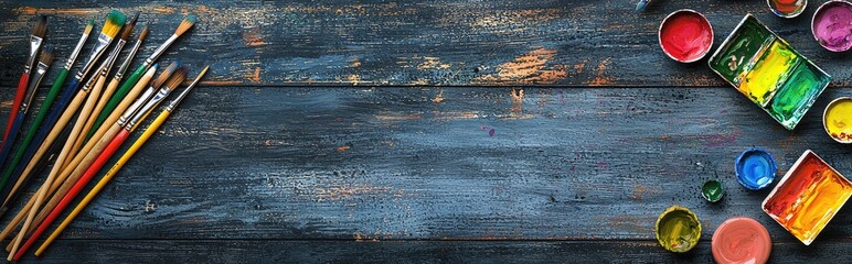 Exploring the Essentials of an Artist's Workspace: Brushes and Vibrant Paints for Creative Expression