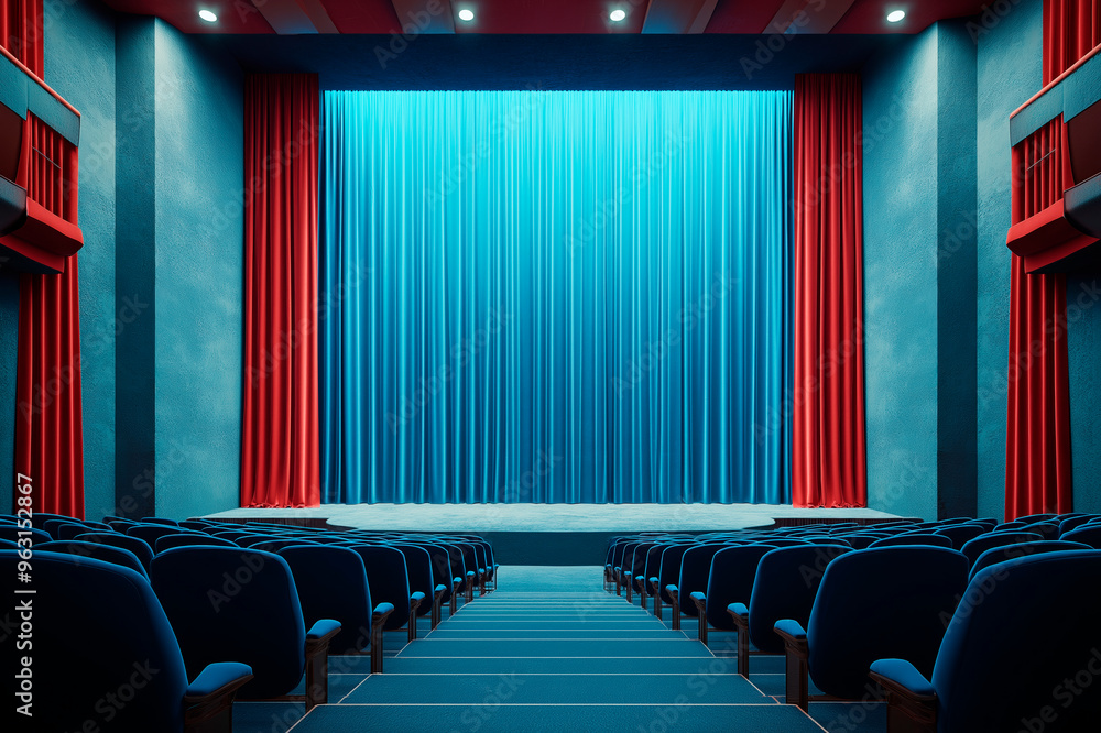 Poster empty theater with blue and red curtains and seats, illuminated by soft overhead lighting.