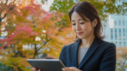 Fototapeta premium 秋のテラスでデータを分析する若いビジネスウーマン