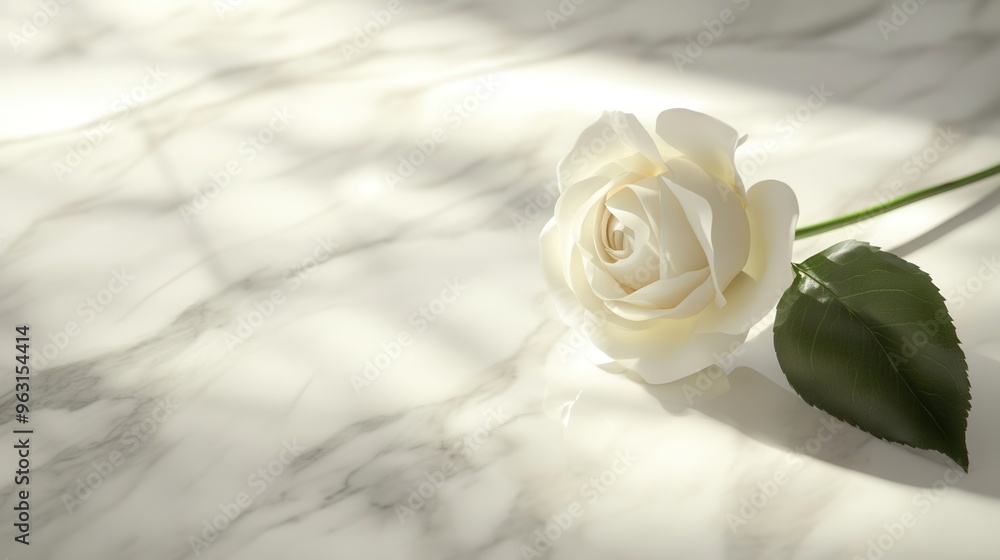 Poster A single white rose rests gently on a polished white marble surface, highlighted by diffused natural light creating a serene atmosphere. Generative AI