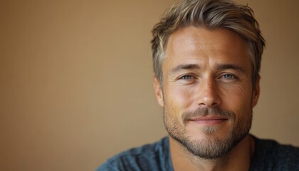 Obraz premium portrait of scandinavian softly smiling man is 35 years old with blond hair on light beige color background, copy space, male beauty