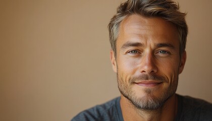 Fototapeta premium portrait of scandinavian softly smiling man is 35 years old with blond hair in grey T-shirt on beige color background, copy space