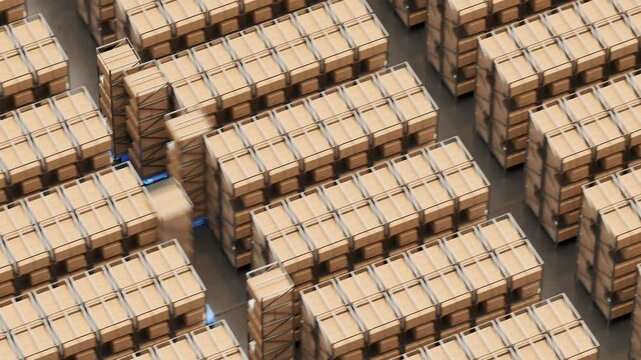 Warehouse Industry Autonomic Robots Carrying Metal Shelves With Cardboard Boxes