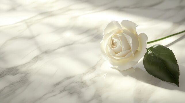 A single white rose rests gently on a polished white marble surface, highlighted by diffused natural light creating a serene atmosphere. Generative AI