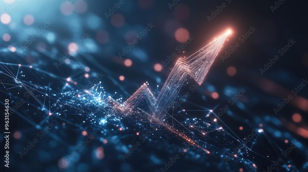 Poster an abstract representation of growth and progress using glowing lines and points, showing a rising t