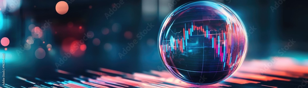 Poster a futuristic visualization of a digital graph encapsulated in a glass sphere, representing finance a
