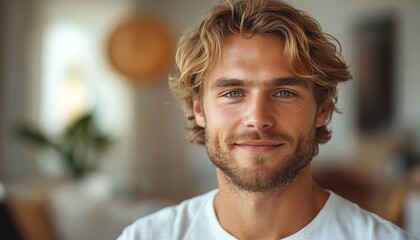 Obraz premium portrait of caucasian softly smiling man is 35 years old with blond hair in white T-shirt, copy space, closeup