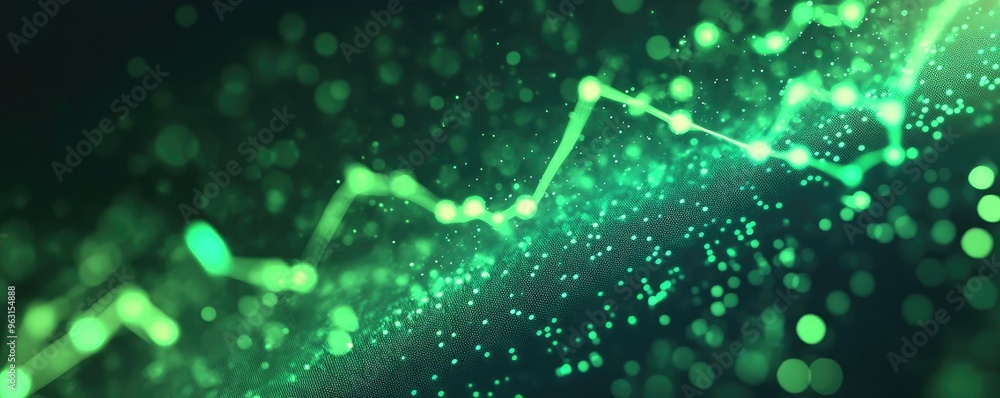 Poster abstract green background with glowing particles and statistical graph lines, perfect for finance or