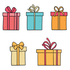Hand drawn cartoon set of colorful gift boxes on white background.