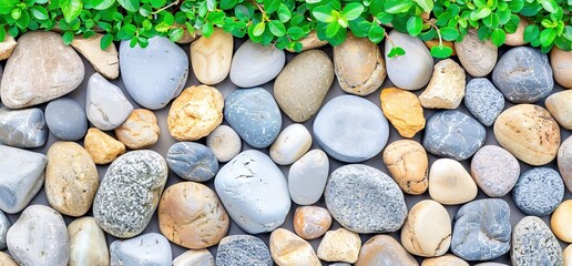 Close up of a stone wall with green plants growing on top. The stones are smooth and rounded, with a variety of colors and textures.  The image is perfect for use as a background or texture.