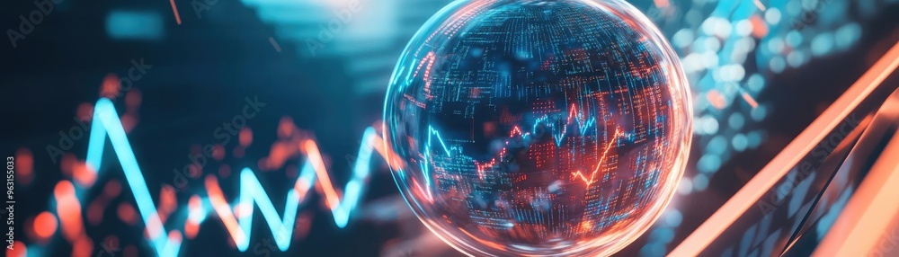 Poster a futuristic crystal ball displaying data analytics with vibrant graphs, representing innovation and