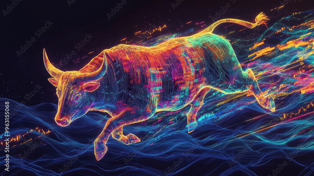 Poster a vibrant, abstract image of a bull in motion, showcasing colorful energy and dynamic patterns again
