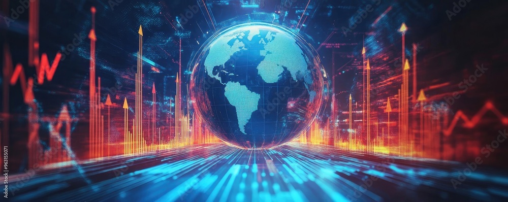 Poster a vibrant digital representation of the globe surrounded by dynamic data visualizations, symbolizing