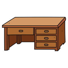 Hand drawn cartoon wooden office table on white background.