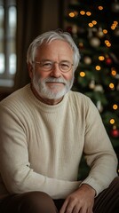 Smiling senior man with white hair and beard wearing eyeglasses and casual clothes sitting near the christmas tree