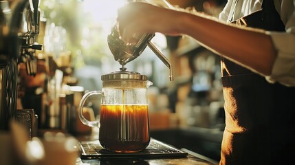 Naklejka premium A barista brewing a fresh pot of coffee using a French press, with natural light streaming into the cafe