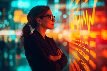 Businesswoman analyzing stock market data on a digital screen with a blurred city background at night. Ai generative.