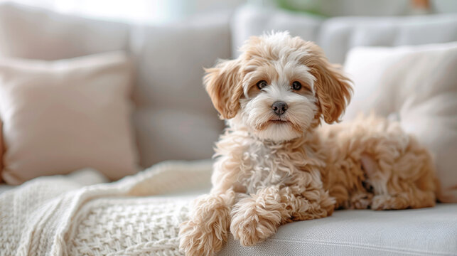 A mini goldendoodle lies on the sofa in the living room.