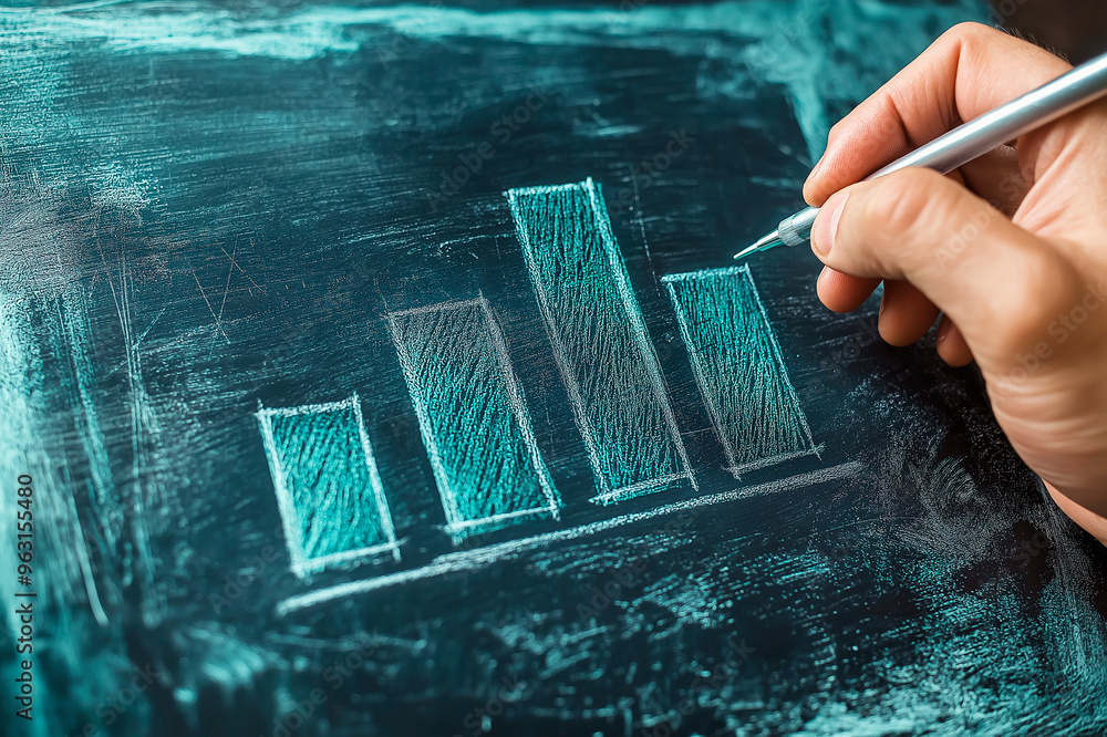 Poster hand drawing bar graph on a chalkboard background with a pen, symbolizing business analysis and fina