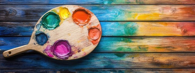 Fototapeta premium Exploring Artistic Creativity: A Vibrant Palette on Rustic Wood