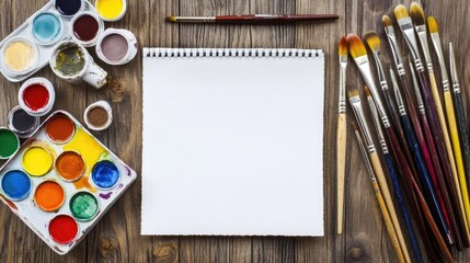 Creative Workspace with Paints and Brushes for Artistic Expression