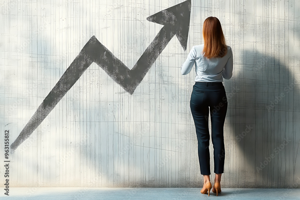 Aufkleber woman standing in front of a wall with an upward arrow graph symbolizing growth and progress.