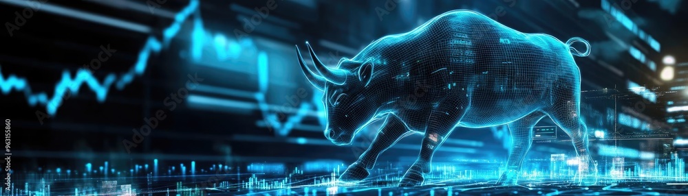 Poster a dynamic digital bull symbolizing market growth and financial success with abstract data visualizat