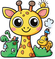 Cute Cartoon giraffe Illustration handdrawn doodle drawing nature elements colourful