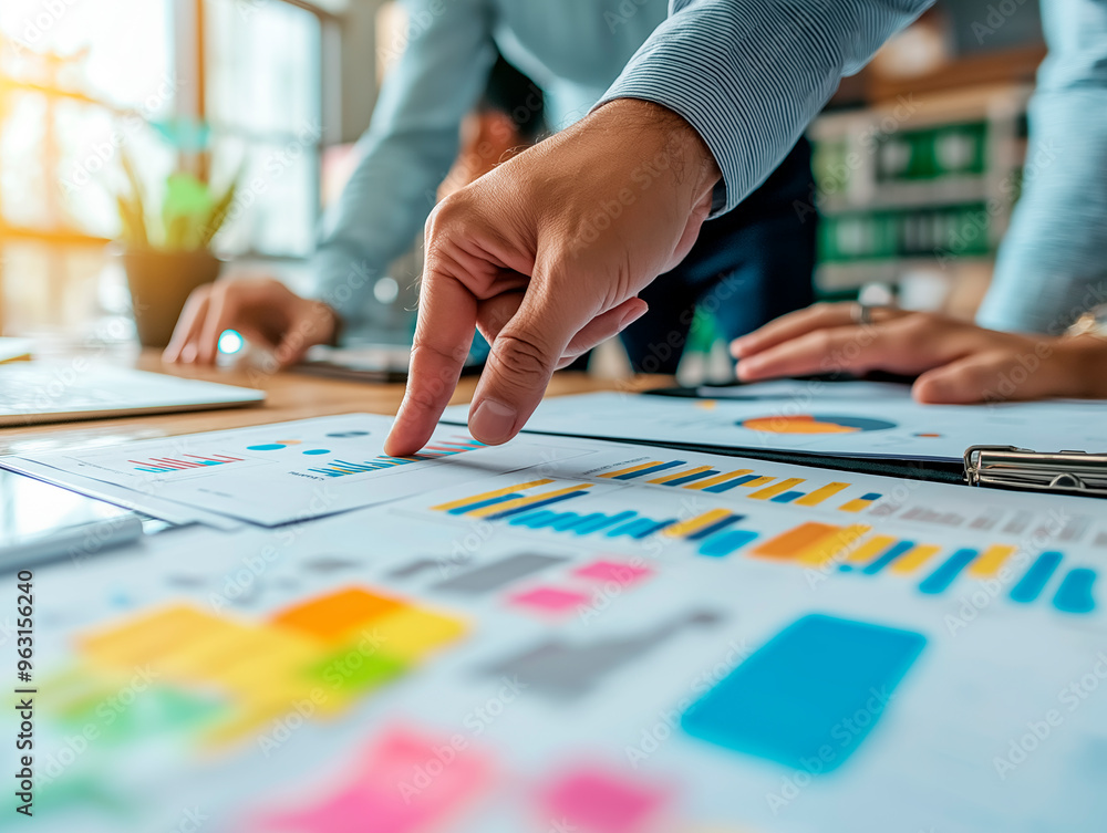 Poster business meeting with hands pointing at financial charts and graphs on a table.