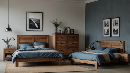 Rustic wooden bed with blue pillows and two bedside cabinets against white wall with three posters frames. Farmhouse interior design of modern bedroom