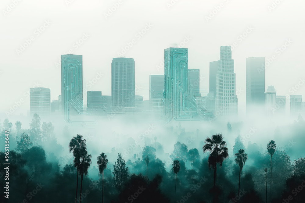 Poster futuristic cityscape with high-rise buildings and circuit board designs surrounded by mist and palm 