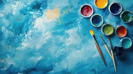 Vibrant Art Supplies and Painting Tools on a Blue Background for Creative Inspiration