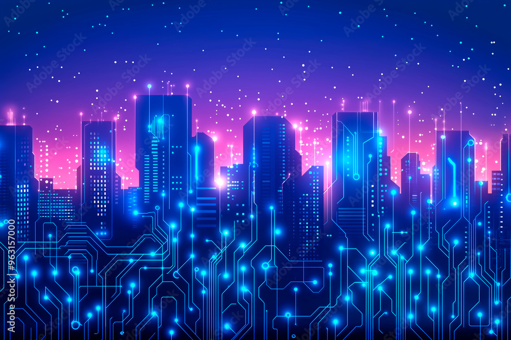 Poster futuristic city skyline with circuit-like patterns and bright neon lights.