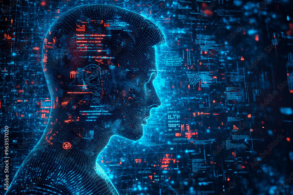 Aufkleber Abstract digital human profile with data and network nodes in blue and red. Ai generative.