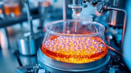 Bioreactor with glowing substances and bubbles, fermenting bio-products, biotechnology