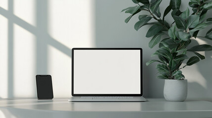 a laptop mockup with a blank screen on a table.