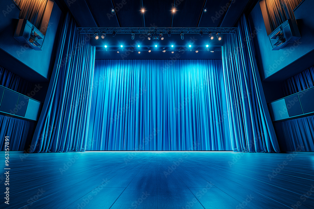 Poster empty theater stage with blue curtains and spotlights illuminating the scene.