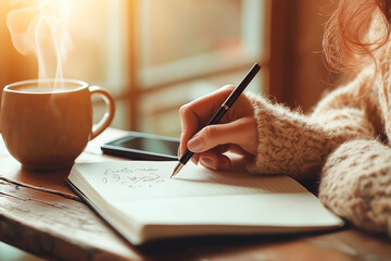 Woman writing in a notebook with a cup of coffee on a wooden table in a cozy, sunlit room.