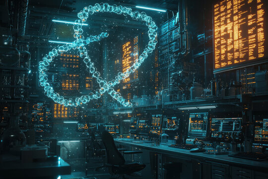 Biotech A futuristic lab with glowing transparent DN background wallpaper png file